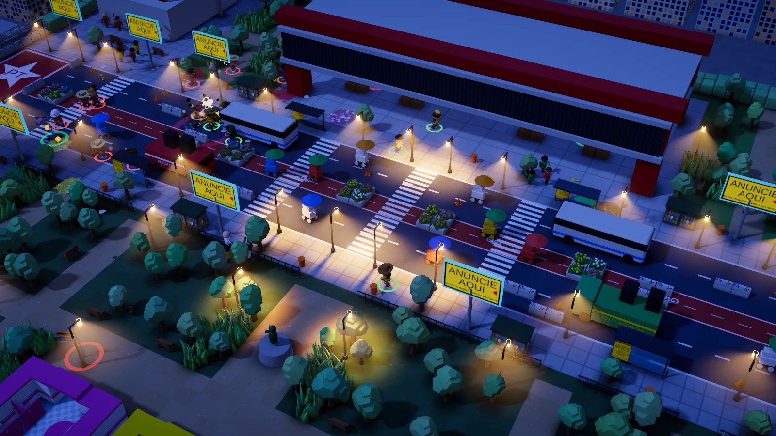 A Paulista e o MASP no gameplay noturno, com postes e outdoors iluminados.